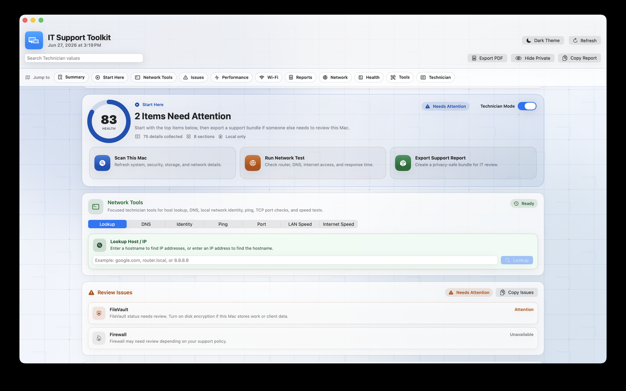 IT Support Toolkit main dashboard screenshot