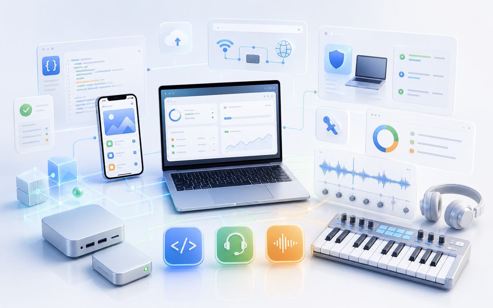 Creative technology studio visuals for web, apps, games, IT support, and music services